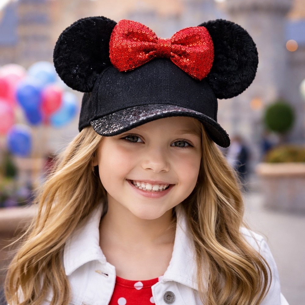 Disney Black Sequin Minnie‎ Mouse Ears Red Bow Baseball Hat Kids OS